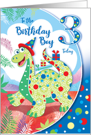 Cute Dinosaur in hat, Birthday Boy, Age three card