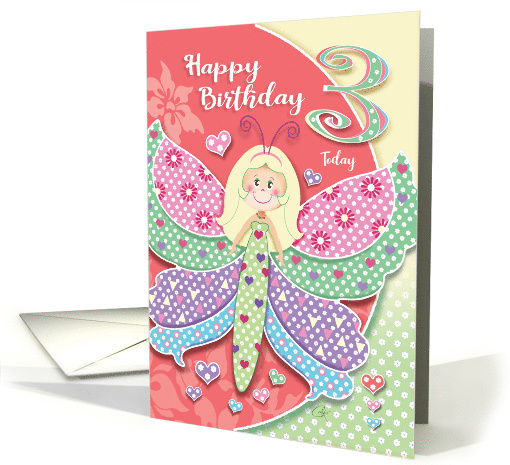 Cute Butterfly Girl, Birthday Girl, Age three card (1581458)