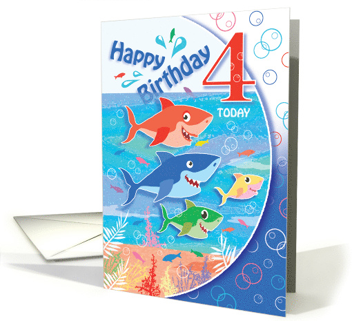 Cute Sharks, Under the sea, Birthday Boy, Age four card (1581460)