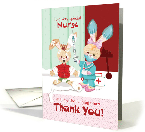 Nurses Day, Coronavirus, Female Bunny in Scrubs tends to Patient. card