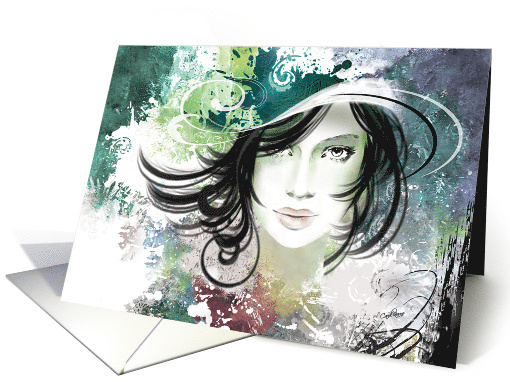 Fine Art Painting. Beautiful Woman's face in Abstract Green Hat card