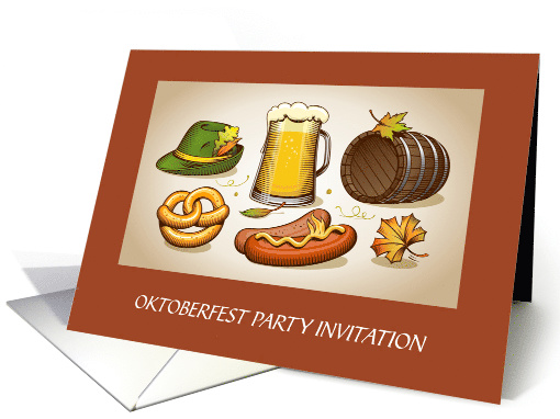 OKTOBERFEST Party Invitation with Beer Brats Keg and Pretzels card