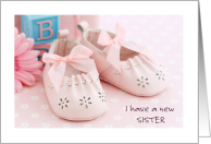 New Baby Sister Announcement Pink Flower Ribbon And Shoes card