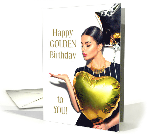 Lucky Golden Birthday With Sexy Lady With Gold Heart Balloon card