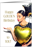 Lucky Golden Birthday With Sexy Lady With Gold Heart Balloon card