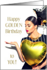 Lucky Golden Birthday With Sexy Lady With Gold Heart Balloon card