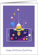 Birthday Greetings From Alien Spaceship And Planets card