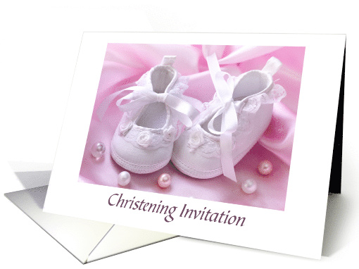 Christening Invitation For Baby Girl With Shoes And Pearls card