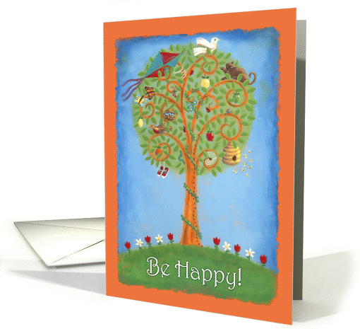 Cheerful Be Happy!brightly painted tree card (1209382)