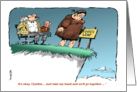 Humorous Lover’s Leap moment cartoon - blank inside card