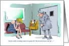 Amusing blank waiting room with rough news delivery cartoon card