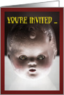 Freaky floating head Billy doll Halloween party invite card