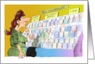 Cartoon Woman Choosing an Expensive Get Well Greeting card