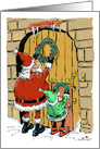 Amusing blank Santa and elf decorating door to North Pole card