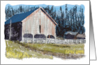A Quiet Rural Watercolor Barn Scene with Woods on a Blank card
