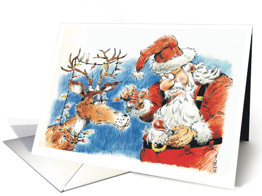 Fun Santa giving his lead reindeer a red energy saving bulb card