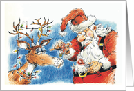 Fun Santa giving his lead reindeer a red energy saving bulb card