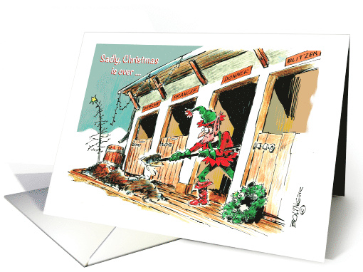 Fun Christmas thank you - elf shoveling deer poop from Christmas card