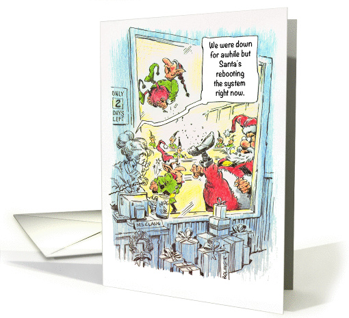 Santa and Mrs. Claus at the workshop, humorous elf situation card