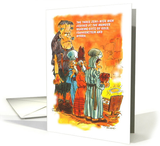 Three cartoon Wise Men gifting gold, myrrh, and Frankenstein card