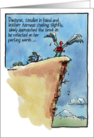 Fun parting words birthday wish to man on cliff, wings strapped on card