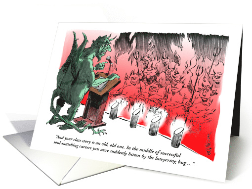 Amusing devil addressing law class in hell - blank inside card