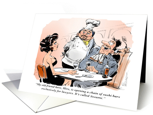 Amusing lawyer-related cartoon in restaurant - blank inside card
