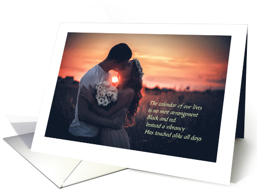 Anniversary poem - over the years - sunset and kissing couple card