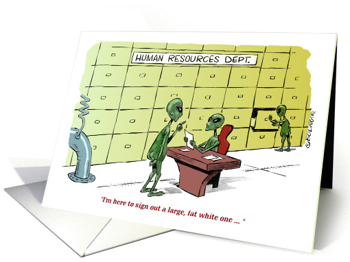 Amusing alien in human resources department cartoon card (1271572)