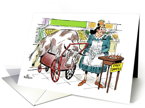Funny blank showing free samples of food in store cartoon card