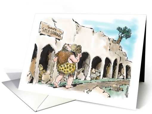 Funny we've moved to a new cave notice - 6,000 B. C, cartoon card