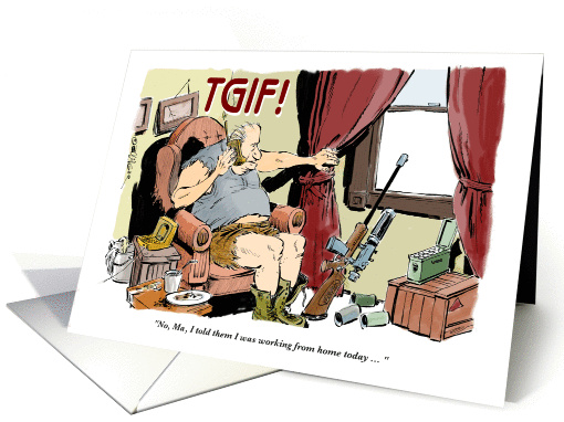 Humorous TGIF work-at-home greeting cartoon card (1357902)