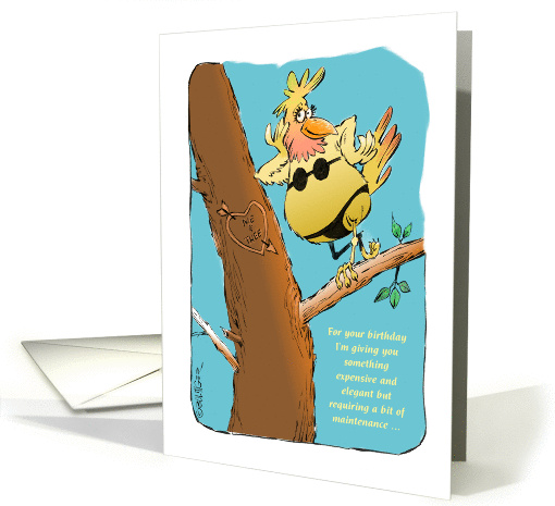 Amusing female Birthday bird in elegant underwear cartoon card