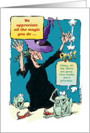 Amusing witch and frog Halloween greeting to staff cartoon card