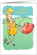 Amusing dragging heart for male sweetheart Valentine cartoon card