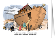 Amusing blank same-sex couple entering ark with attorney cartoon card