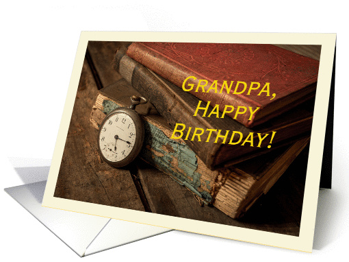 Happy birthday Grandpa with vintage books and pocket watch card