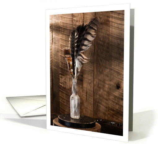 Feathers in a bottle still life notecard blank card (1384808)