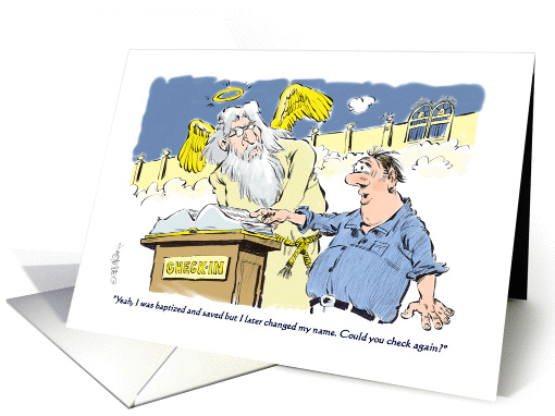 Amusing all-occasion blank of man trying to check into heaven card