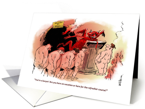 Funny male lawyer's birthday Hell reminder cartoon card (1406130)