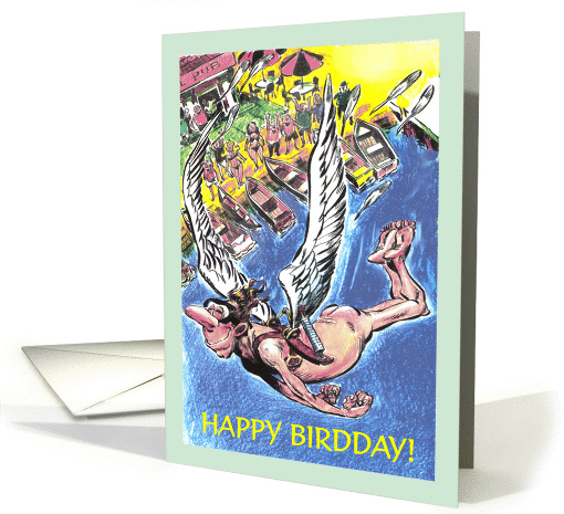 Fun flying naked bird man on his birthday cartoon card (1415456)