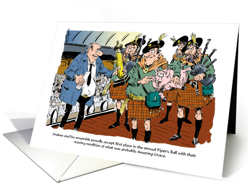 Humorous bagpipers and Tartan Day music cartoon card (1416746)