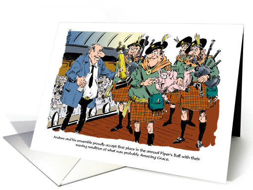 Funny happy birthday to a bagpipe lover cartoon card (1416750)