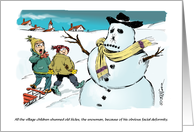 Humorous blank all occasion carrot-challenged snowman cartoon card