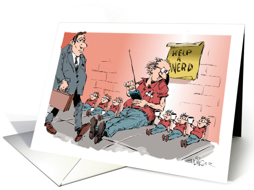 Amusing May 25th Nerd Pride Day street beggar cartoon card (1418708)