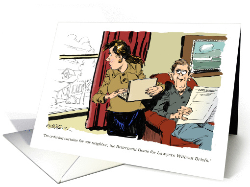 Slightly off-color lawyer's retirement announcement cartoon card