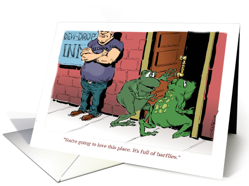 TGIF celebration - frogs entering a bar cartoon card (1425702)