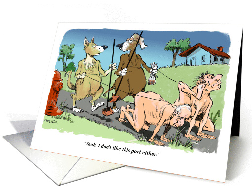 Amusing new job congrats and off-color dog walking cartoon card