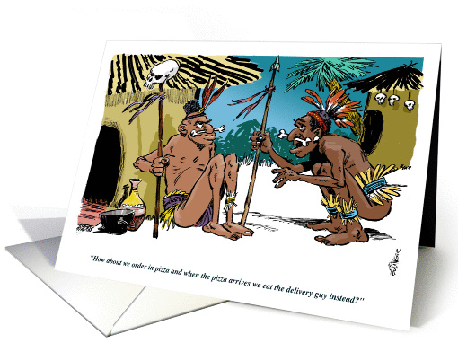 Amusing invite to adult pizza party and cannibal stuff cartoon card