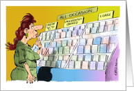 Cartoon Woman Choosing an Expensive Get Well Greeting card